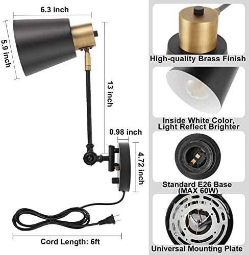 GOODATE Dimmable Wall Lamp with Plug in Cord, Plug in Wall Sconces, Swing Arm Wall Light with On Off Switch, Metal Black Brass Industrial Wall Lamp for Bedroom, Living Room, E26 Base