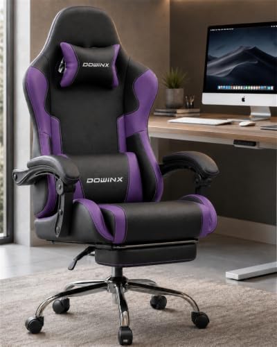 Dowinx Ergonomic Gaming Chair with Footrest & Massage Lumbar, 2D-Linkage Armrests for Computer Chair 330lbs with Headrest Pillow for Office, Home, Streaming and Long Gaming Sessions, Fabric Purple