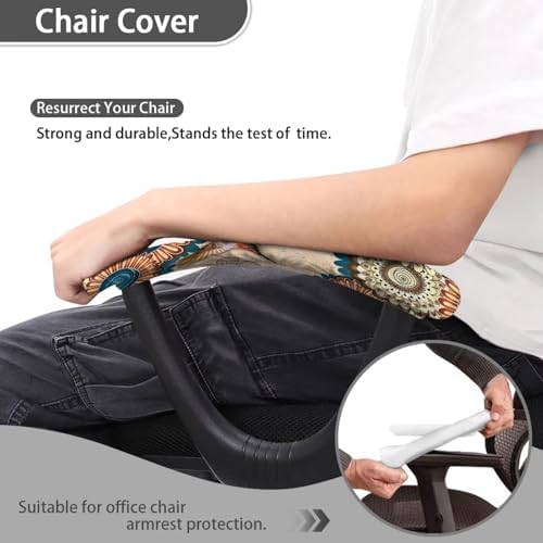 2 Pack Office Chair Armrest Covers, Hummingbird Print Desk Chair Armrest Covers Boho Mandala Flower Print Game Chair Armrest Covers, Non Slip Stretchy Game Chair Arm Covers, Brown