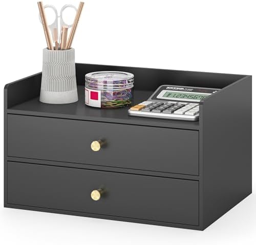Bamboo Desk Organizer with Drawers,Wooden Desktop Storage(2 Drawers, Black)