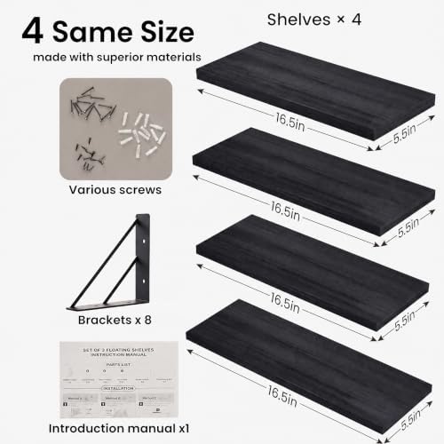 BAYKA Wall Mounted Black Floating Shelves for Wall (Set of 4, 16" Uniform)