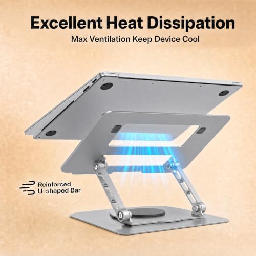 Aluminum Laptop Stand for Desk, Heavy Duty Computer Stand with 360° Rotating Base, Ergonomic Adjustable Height Notebook Riser, Compatible with MacBook Pro/Air, Dell, HP, 10-17” Laptops - Silver