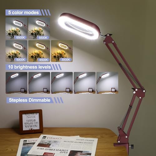 Drdefi 12X Square Magnifying Glass with Light and Stand, Real Glass LED Lighted Magnifier, 5 Color Modes Stepless Dimmable, Hands-Free Mag Desk Lamp with Clamp for Reading Craft Hobby Close Work Red