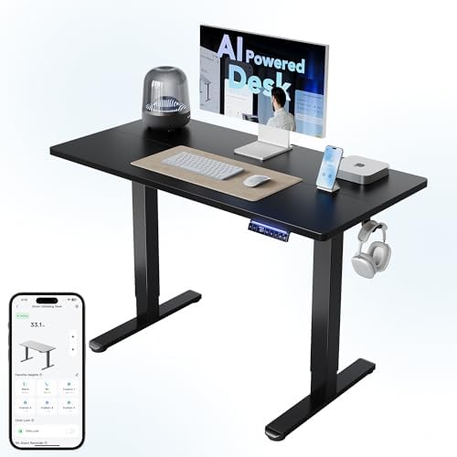 HUANUO 48" AI Smart Standing Desk with App-Synced Sedentary Reminders, Electric Height Adjustable Desk with Body-Data Ergonomic Presets, Voice Control Alexa/Google/Siri, 3 Memory Settings Table, Black