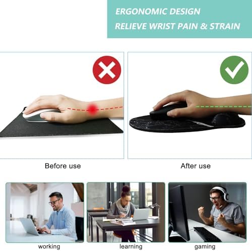 Mouse Pad with Wrist Support, Ergonomic Mouse Pad with Memory Foam Wrist Rest Cushion, Non-Slip Rubber Base Gaming Mice Pad for Home Office Computer Laptop, Black White Marble