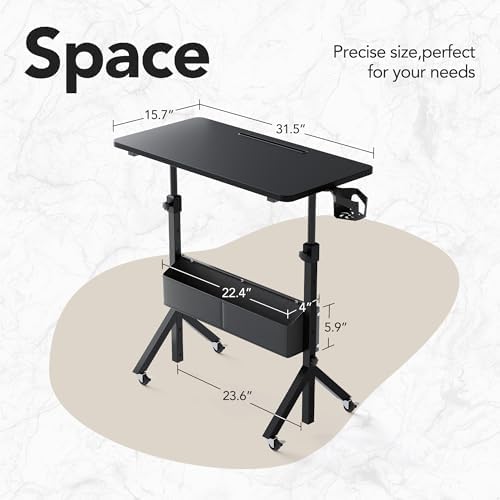 HUANUO Portable Standing Desk Adjustable Height, Mobile Stand Up Desk for Walking Pad and Treadmill, Rolling Computer Table with Wheels, 31.5"x15.75" Height 28.7"-46.1", Black