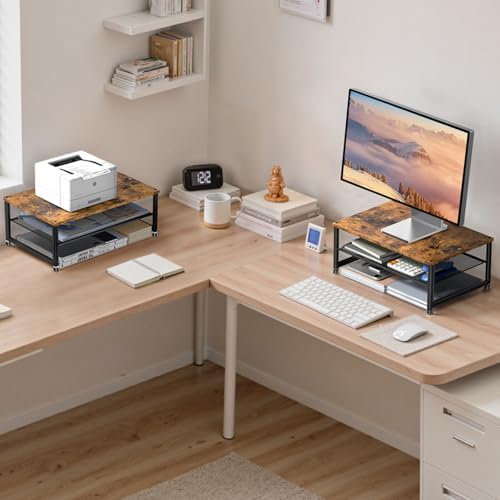 ECOLOVI 2-Tier Computer Monitor Stand Riser, Printer & Laptop Stand, Office Desk Accessories, Workspace Desk Organizer for Home Office Supplies, Brown