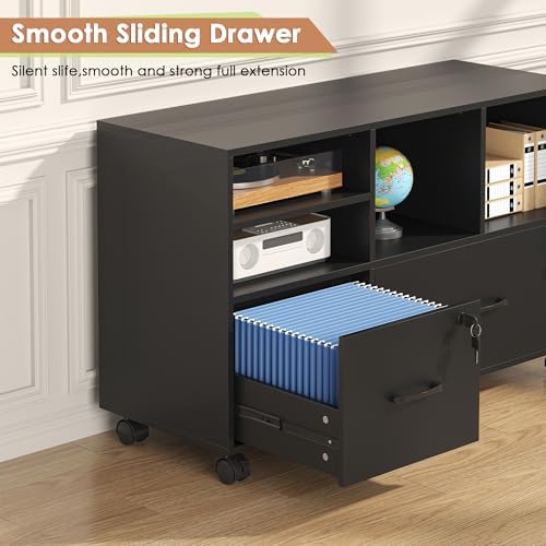 2 Drawer Wood Lateral File Cabinet with Lock, Lockable Rolling Filing Cabinet with Adjustable Storage Shelves, Printer Stand Office Storage Cabinet for Home Office Fits Files Legal/A4, Black
