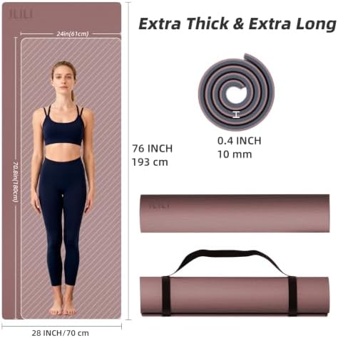 ILILI 10mm Extra Thick, TPE Yoga Mat, 76×28 Inch Extra Long, Carrying Strap