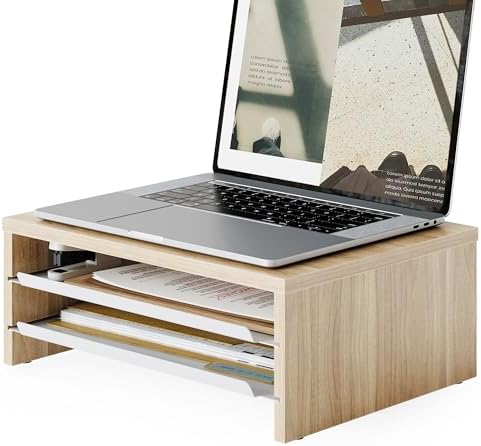 Fenge 14.3-Inch Monitor Stand with Slide-Out Trays, Wood & Metal Desk Shelf