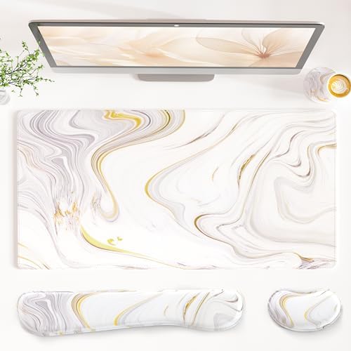 QiyI PU Leather Desk Mat Set, 4-in-1 Ergonomic Wrist Rest, White Marble