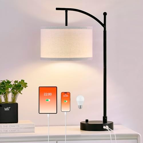 Table Lamp Set of 2, 23.5" Bedside Lamps with USB C+A Ports, Black