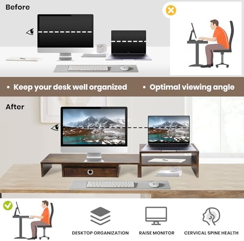 Monitor Riser for 3 Monitors, Angle Adjustable Monitor Stand with Drawer