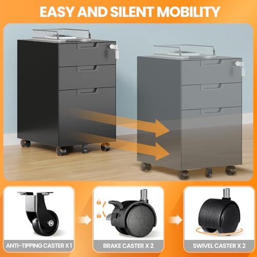 3 Drawer File Cabinet with Lock, Fully Assembled Metal Mobile Filing Cabinets for Home Office, Small Rolling File Caninet on Wheels for Legal/Letter / A4 File, Black