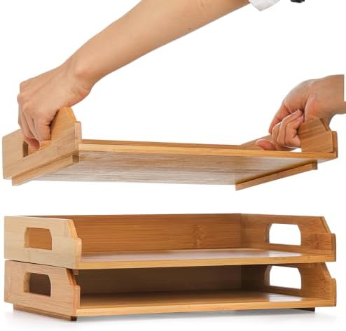 Okllen 3 Pack Stackable Paper Trays, Bamboo Desk Letter Tray Set, 3 Tier File Document Organizer Tray for A4 Paper, Magazine, Receipts, Office Supplies