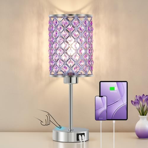 Crystal Table Lamp, Purple Touch Lamp with USB C+A Port, 3-Way Dimmable