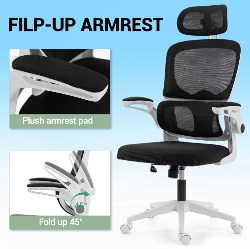 Ergonomic Office Chair with Flip-up Arms & Coat Hanger, White
