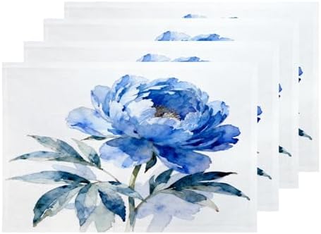 Shrahala Indigo Blue Hand Floral Bouquet Placemats, Watercolor White Flowers Table Mat Linen Burlap Washable Double-Deck Heat Insulation for Dining Table Kitchen Table Set of 4 (12 x 18 inch)