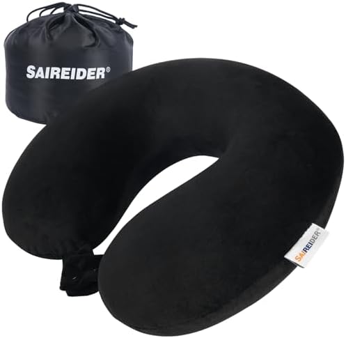 SAIREIDER Travel Pillow 100% Pure Memory Foam Travel Neck Pillow with Storage Bag, Airplane Pillow for Traveling、Car、Home、Office，Washable Cover（Black）