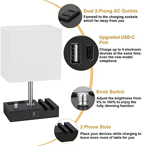 White Table Lamp for Bedroom - Stepless Dimmable, USB C+A, 2 AC Outlets