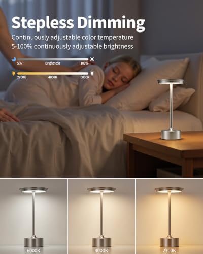 PUSU Rechargeable Table Lamps Set of 2, Nickel Cordless Portable Desk Lamp