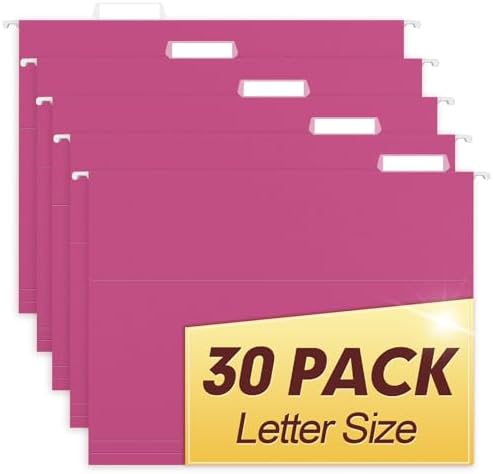 HERKKA Hanging File Folders, 30 Pack Reinforced Letter Size Hanging Folders, Designed for Bulky Files, Filing Cabinet, 1/5-Cut Adjustable Tabs (Pink)