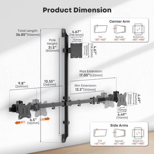 PUTORSEN Triple Monitor Wall Mount for Up to 49" Screens, Holds 44 lbs