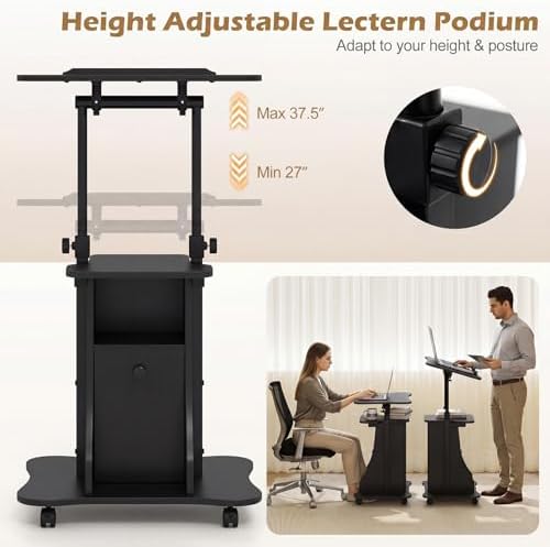 Tangkula Rolling Lectern Podium Stand, Height Adjustable Laptop Table with Tilting Tabletop & Storage Shelves, Compact Standing Desk with Lockable Casters for Home Office School (Black)
