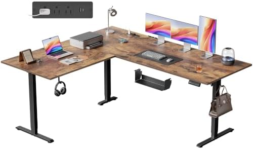 Agilestic 63x55 Inch L Shaped Electric Standing Desk, Corner Workstation, Rustic Brown