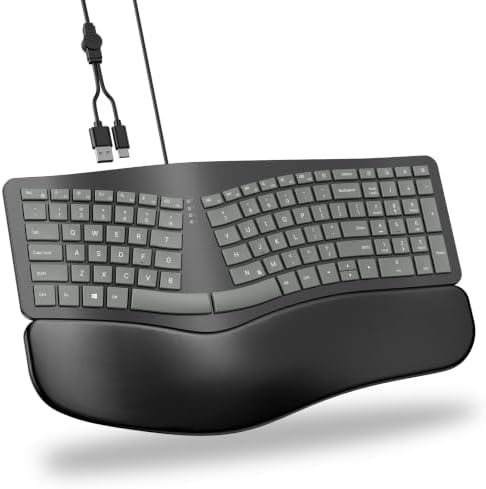 OMOTON USB-A Type-C Ergonomic Keyboard Wired with Cushioned Wrist Rest