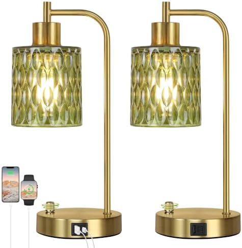 Table Lamps Set of 2, Green Glass Dimmable Bedside Lamps for Living Room