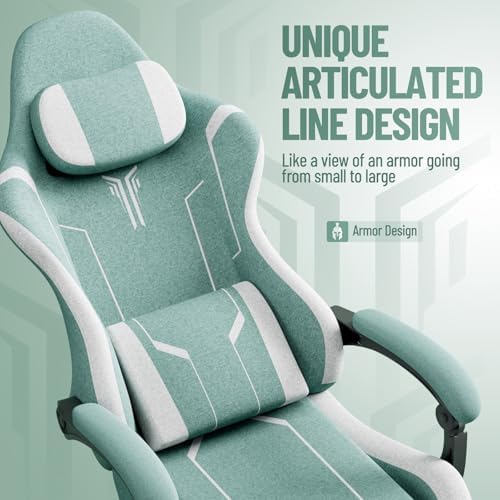 Ferghana Fabric Ergonomic Gaming Chair, High Back Computer Chair with Footrest and Linkage Armrest, Office Video Game Chair with Massage Lumbar Support for Adult, Green/White