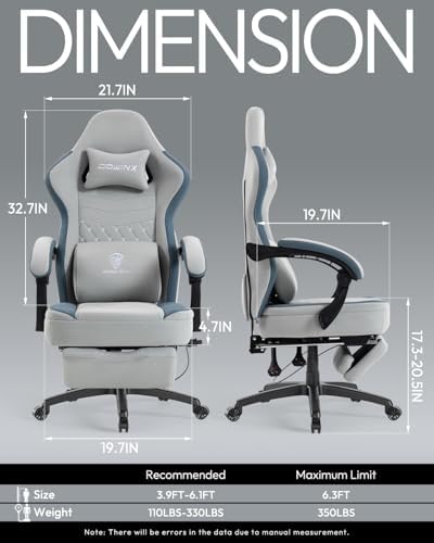 Dowinx Gaming Chair Breathable Fabric Game Chair with Gel Pad and Storage Bag, Comfortable Gamer Chair with Pocket Spring Cushion, Ergonomic Computer Chair with Footrest, Grey and Blue