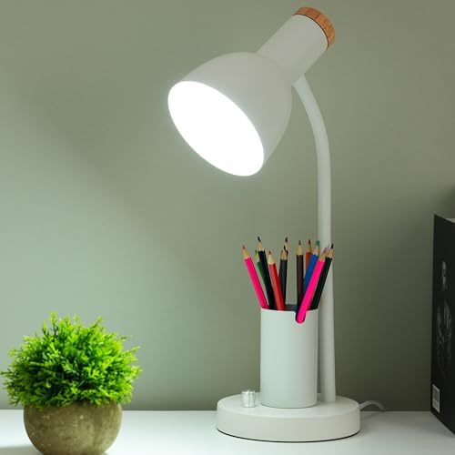 Desk Lamp with Pen Holder, Green, Wood Accent, Adjustable Gooseneck, Modern Study Light (White)