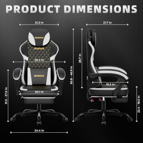 Ergonomic Gaming Chair with Footrest & Massage Lumbar Pillow, Height Adjustable 360° Swivel Computer Chair, Linked Armrest & Headrest for Office Gaming (Black White)