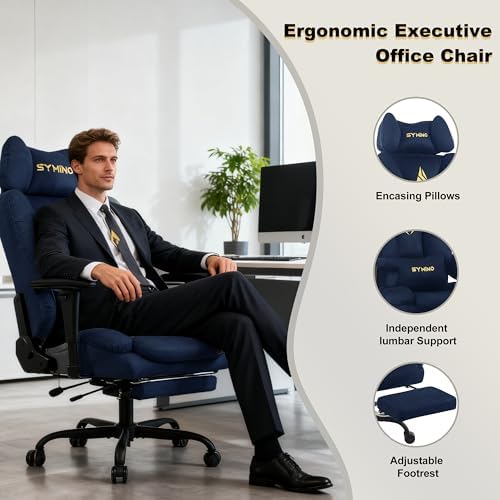 Symino Ergonomic Gaming Chair with Footrest – Office Gaming Chair Reclining 90-155° with Adjustable Armrests – Adults up to 130 kg