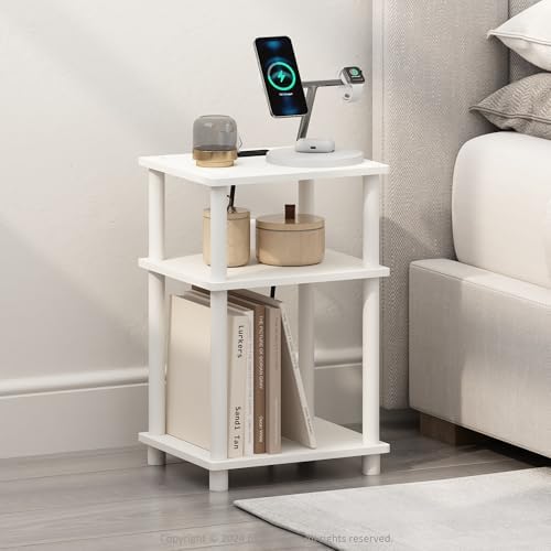 Furinno JUST 3-Tier Night Stand with Charging Station, White
