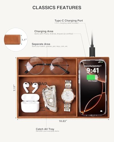 TopMade Valet Tray for Men, Built in Wireless Charging Pad, Nightstand Dresser Organizer, Faux Leather Mens Jewelry Box with Charging Station, Brown