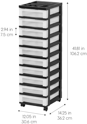 IRIS USA 2 Pack 10-Drawer Plastic Rolling Storage Cart Organizer with Wheels and Drawers for Craft Supplies, Office, Classroom and Closet Use, Black