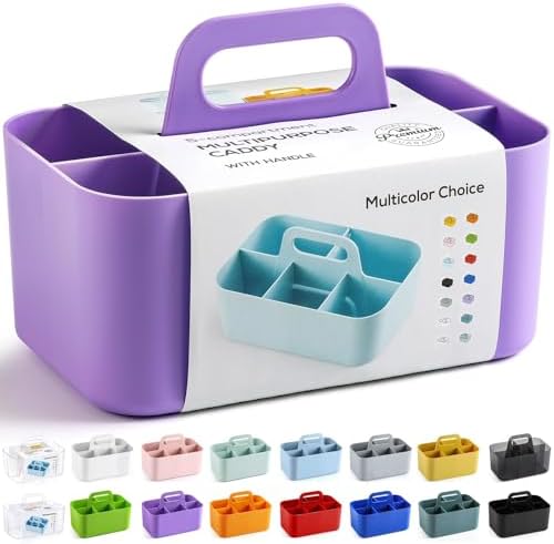 Multiuse Caddy Organizer with Handle, Portable Divided Plastic Tote Bin - Art Craft, Stationary Pen Marker Crayon, Makeup Hair Supplies Storage - Bathroom, Classroom, Dorm, Office, Desk Holder -Purple