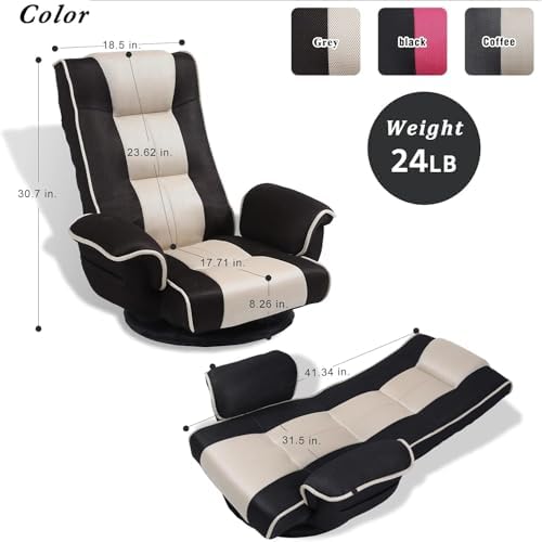 Ergonomic Gaming Chair, 6-Position Reclining Sofa Bed with Lumbar Support, Foldable Floor Lounger with Thick Cushion, Armrests & Side Pockets for Reading, Brown/Beige