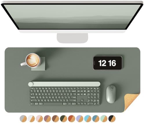 YSAGi Double-Sided Desk Pad, 23.6"x13.7"Leather Desk Mat, Eco Cork Desk Pad Protector,Large Mouse Pad,Waterproof Desk Blotter for Office/Home(Jungle Green)