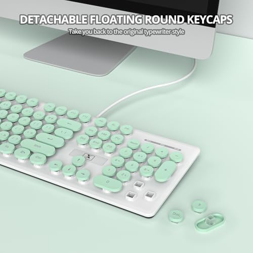 surmen Cute Quiet Keyboard Wired Green Typewriter Keyboard, Light Up Backlit PC Keyboards with Retro Round Keys Full Size 104 Keys for Office Computer (Green)