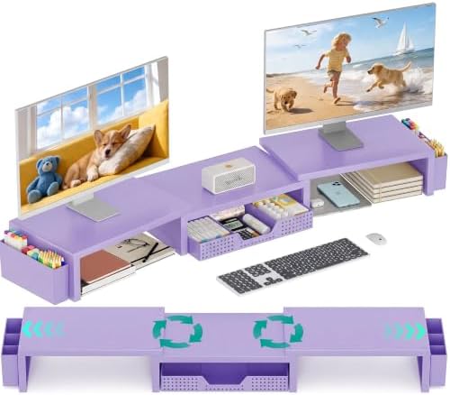 OPNICE Desk Organizer and Accessories, Computer Monitor Stand Riser with Drawer and 2 Pen Holders, Laptop Stand, Office Desk Accessories for Office Supplies, Purple