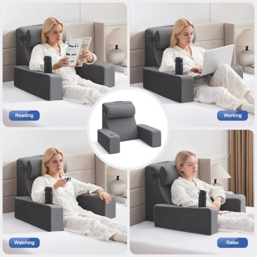 Reading Pillow for Bed, Back Pillow for Bed Sitting Up, Bed Pillows for Sitting Up with Adjustable Armrests, Cup Holder & Large Pocket, Backrest Cushion for Reading, Watching TV (Dark Grey, 4PCS)