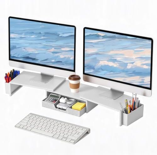 LEKETREE Dual Monitor Stand Riser with Drawer and 2 Pen Holders, White