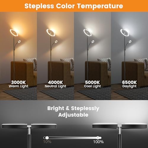 SIBRILLE LED Floor Lamp for Living Room - Modern Standing Lamp with Reading Light, Remote Touch Control Floor Light Dimmable Mother-Daughter Tall Bedroom Lamp for Couch Office, 29W, Black
