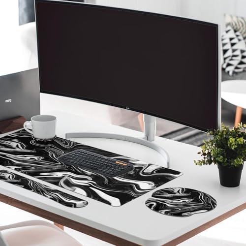 Britimes Keyboard Mouse Pad Set, 4 in 1 Desk Mat Set, Black White Marble