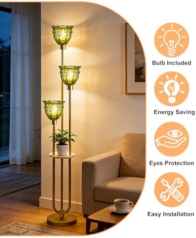 3-Light Green Tulip Glass Floor Lamp with Side Table, Mid Century Modern Gold Tall Standing Lamp, 3000K Warm White Bulbs Included, Vintage Floor Lamp for Living Room Bedroom Sofa Corner Decor