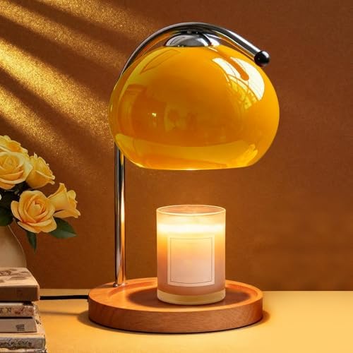 Topyond Aroma Wax Melting Lamp, Retro Wood Glass Candle Warmer，Yellow